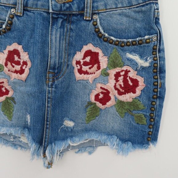 Free People Wild Rose 24 Emrboidered Floral Studded Raw Hem Denim Jean Skirt - Picture 5 of 10